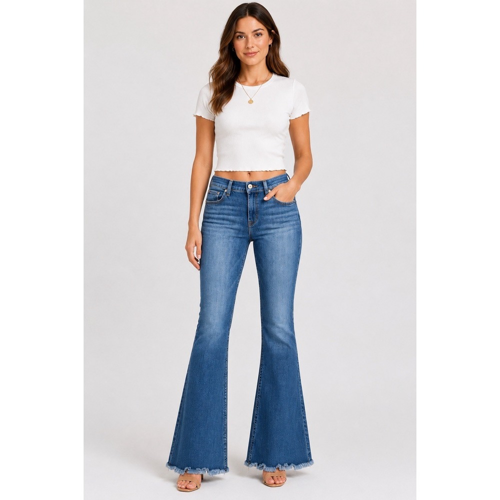 7 For All Mankind Ginger Flare Jeans Women's 30x31.5 Stretch Raw Hem USA Boho